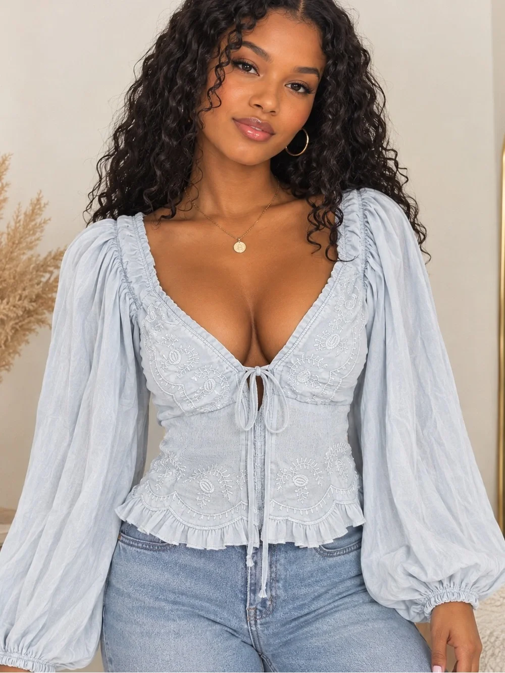 Free People Pale Gray Embroidered Puff-Sleeve Bustier
